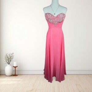 y2k pink strapless beaded chiffon midi dress prom princess coquette